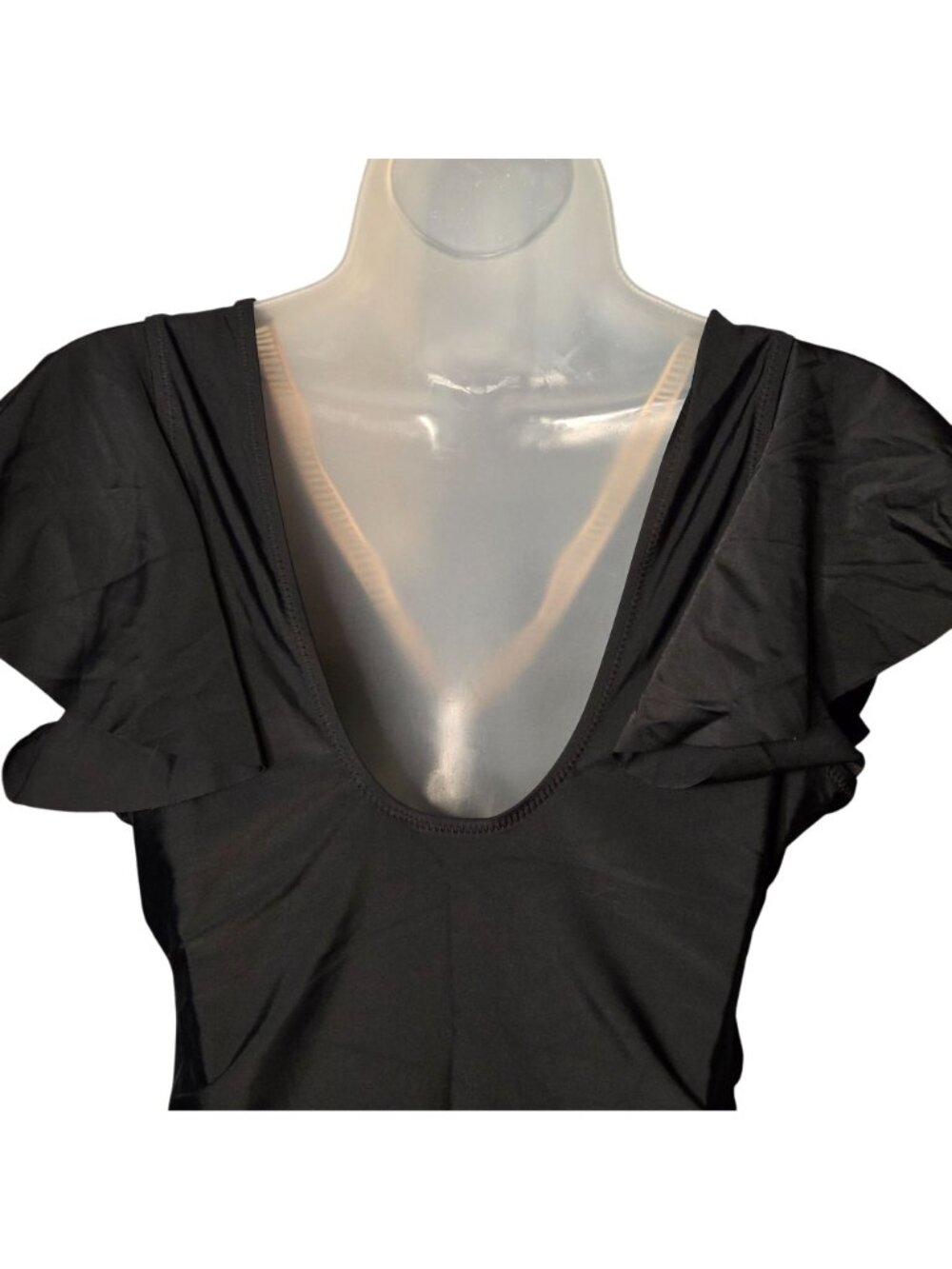 Black Flutter Sleeve One‑Piece Swimsuit L Crochet Trim V‑Neck Tummy Control - Picture 6 of 10